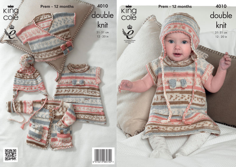 King Cole 4010 DK Knitting Pattern - Baby Tunic, Cardigan, Cross Over Cardigan & Hat (12-20in)