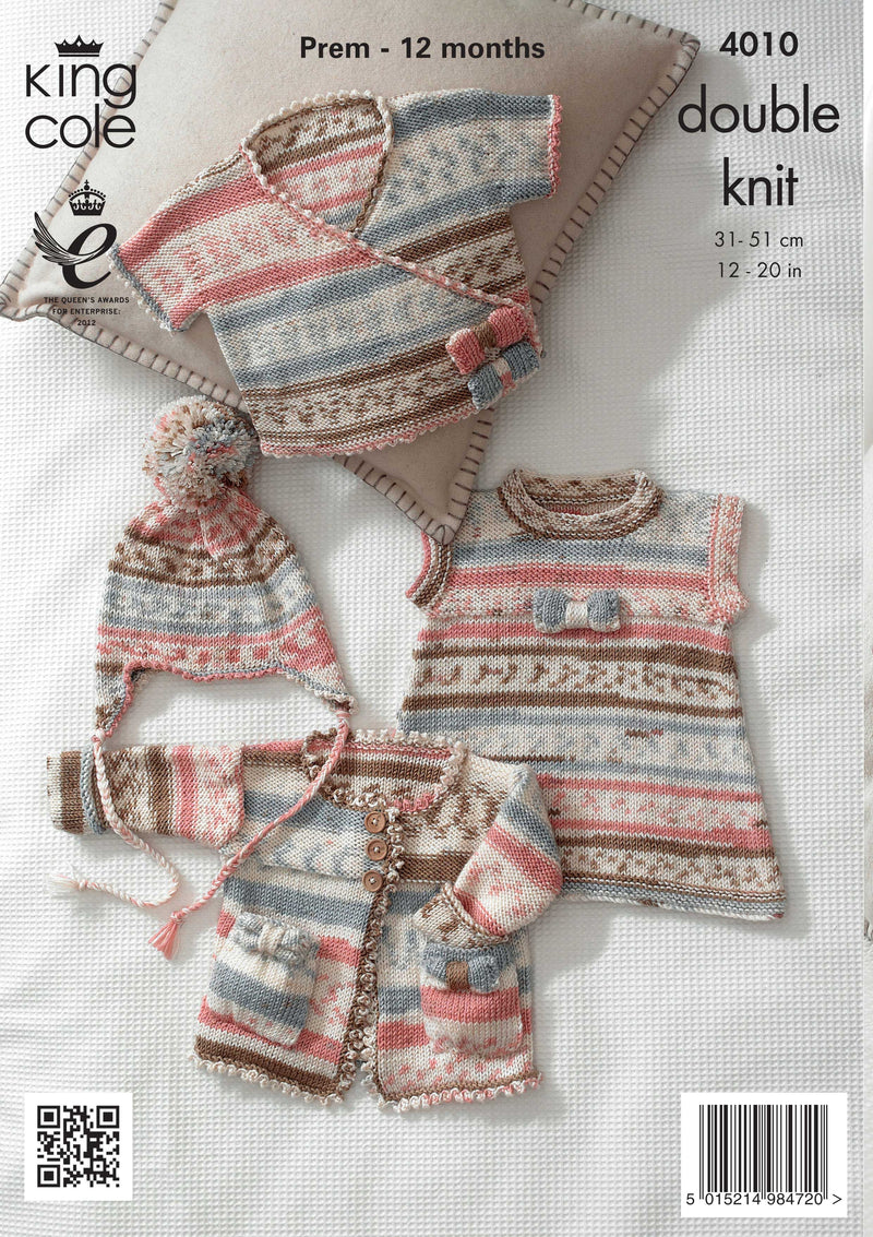 King Cole 4010 DK Knitting Pattern - Baby Tunic, Cardigan, Cross Over Cardigan & Hat (12-20in)