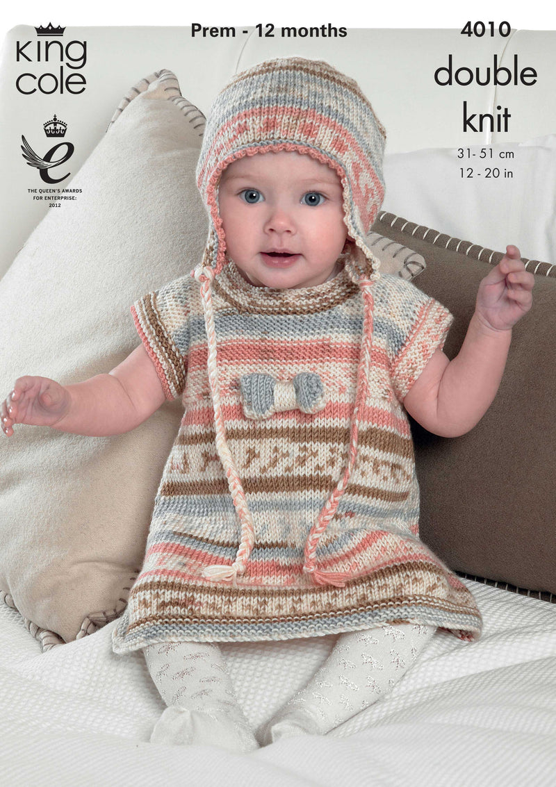 King Cole 4010 DK Knitting Pattern - Baby Tunic, Cardigan, Cross Over Cardigan & Hat (12-20in)