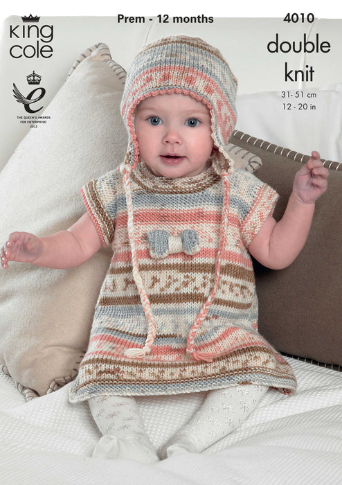 King Cole 4010 Double Knitting Pattern - Baby Tunic, Cardigan, Cross Over Cardigan & Hat DK