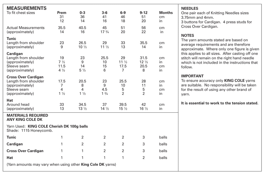 King Cole 4010 Double Knitting Pattern - Baby Tunic, Cardigan, Cross Over Cardigan & Hat DK