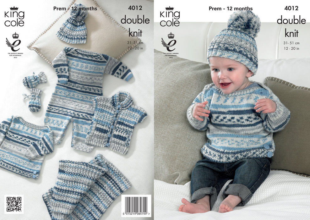 King Cole 4012 Double Knitting Pattern - Baby DK Set (Premature to 12 months)