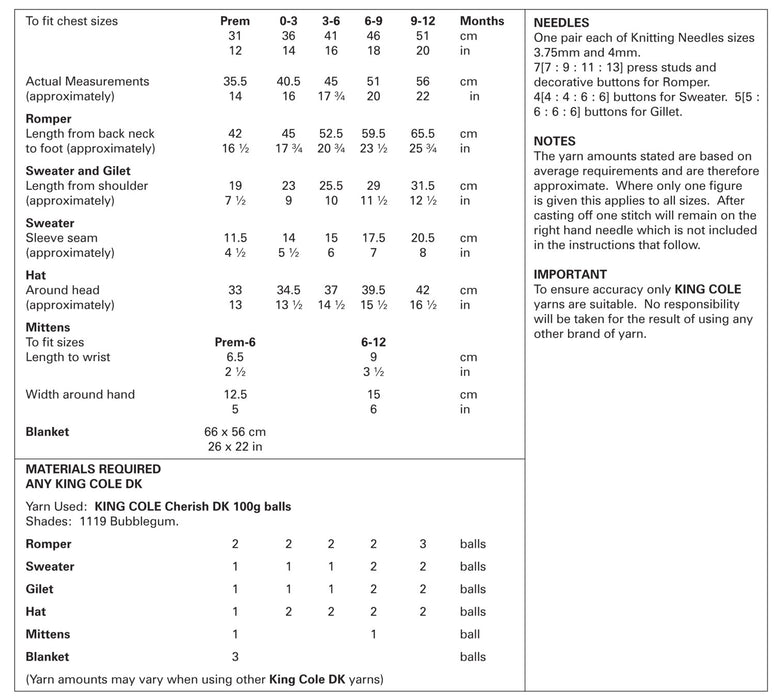 King Cole 4012 Double Knitting Pattern - Baby DK Set (Premature to 12 months)