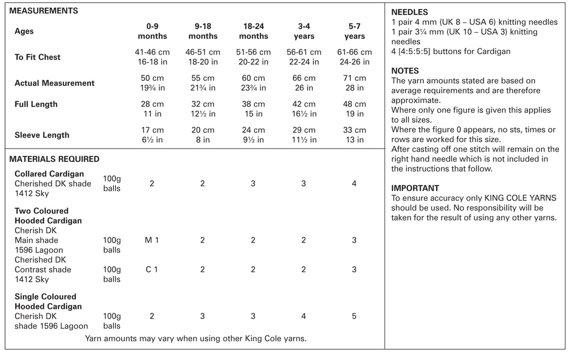 King Cole 4200 Double Knitting Pattern - Easy Knit Baby DK Children Cardigans (0 to 7 Yrs)