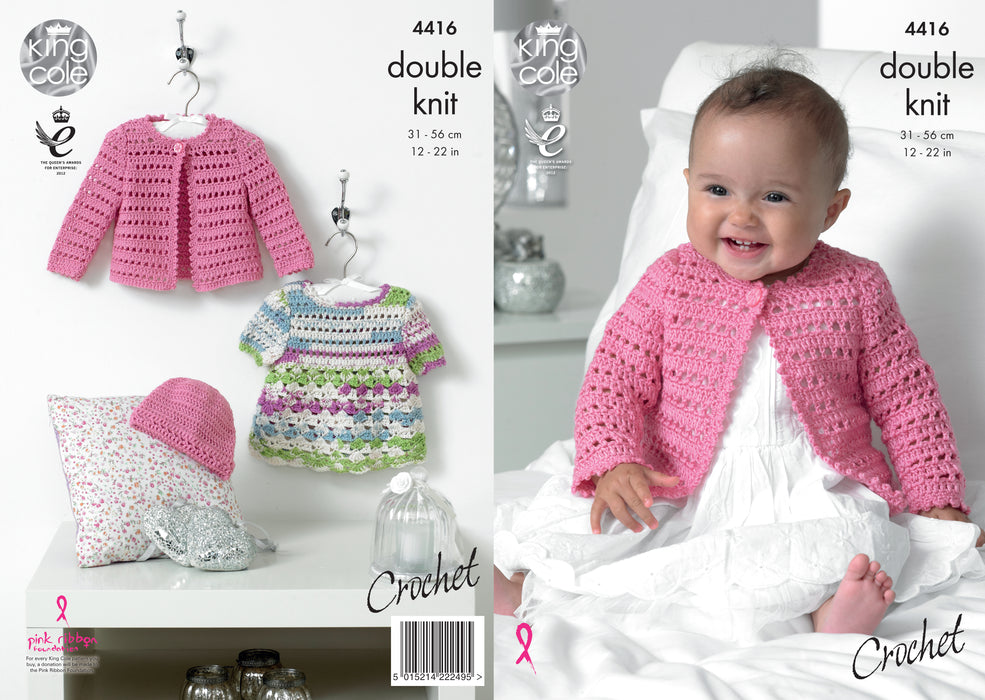 King Cole 4416 CROCHET Pattern - Baby Dress, Cardigan & Hat DK (12-22 in)