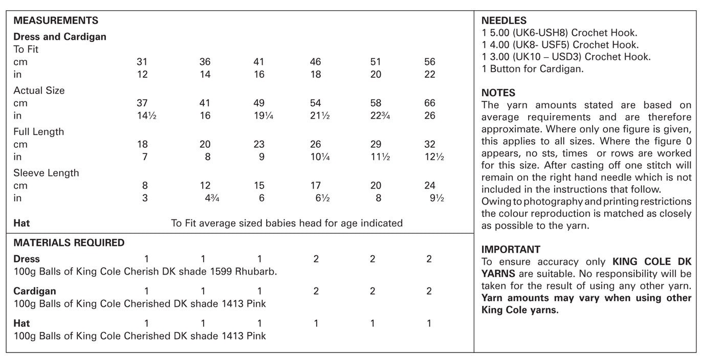 King Cole 4416 CROCHET Pattern - Baby Dress, Cardigan & Hat DK (12-22 in)