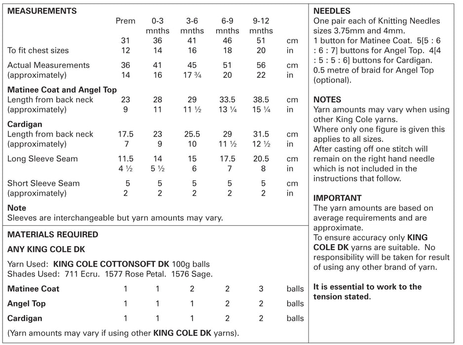 King Cole 4429 Baby Double Knitting Pattern - Cotton DK Matinee Coat, Angel Top and Cardigan (Prem - 12 mnths)
