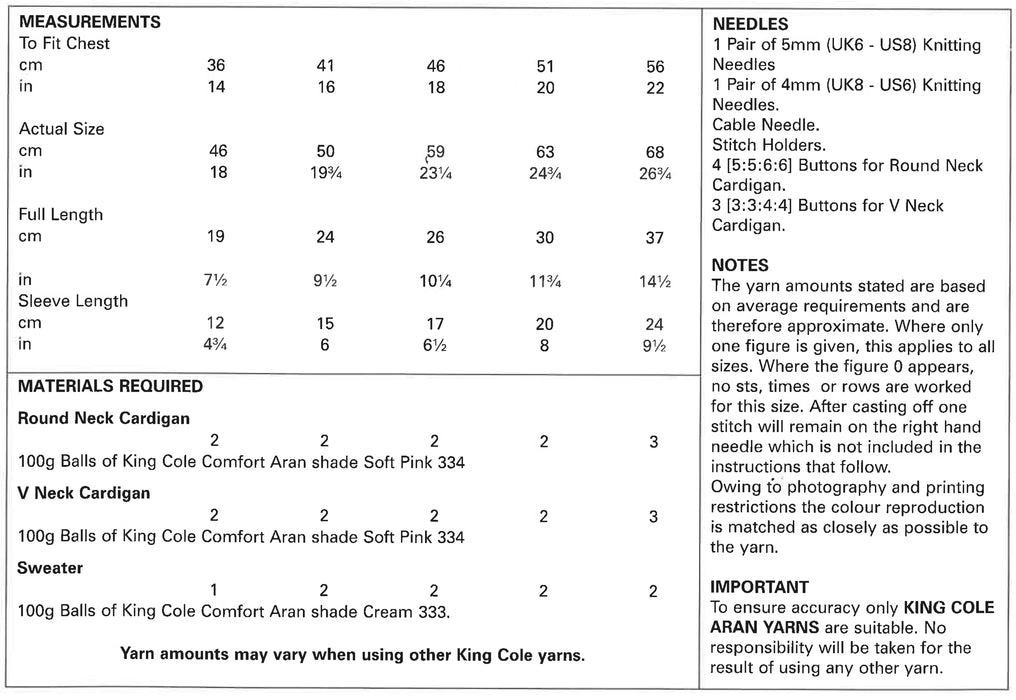 King Cole 4643 Aran Baby Knitting Pattern - Cardigans & Sweater (14 - 22in)