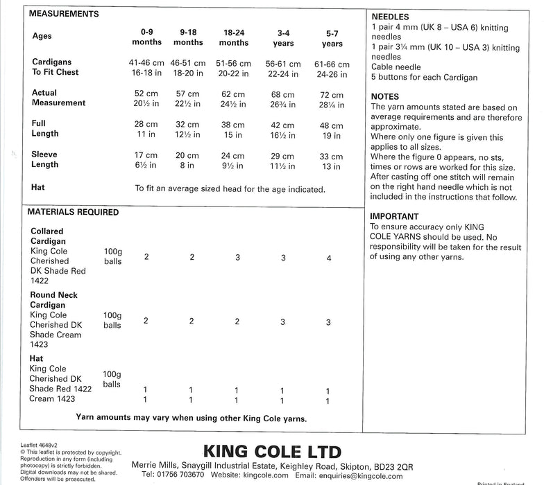 King Cole 4648 Double Knitting Pattern - DK Baby Children's Cardigans & Hat (0 to 7 Yrs)