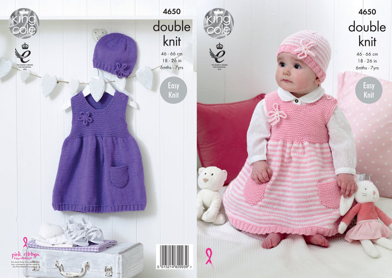 King Cole 4650 DK Knitting Pattern - Easy Knit Dresses & Hat (18-26in)