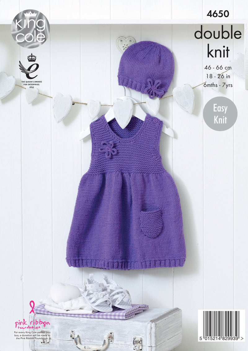 King Cole 4650 DK Knitting Pattern - Easy Knit Dresses & Hat (18-26in)