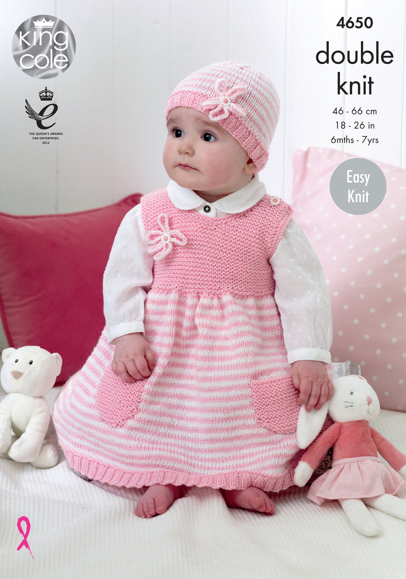 King Cole 4650 DK Knitting Pattern - Easy Knit Dresses & Hat (18-26in)