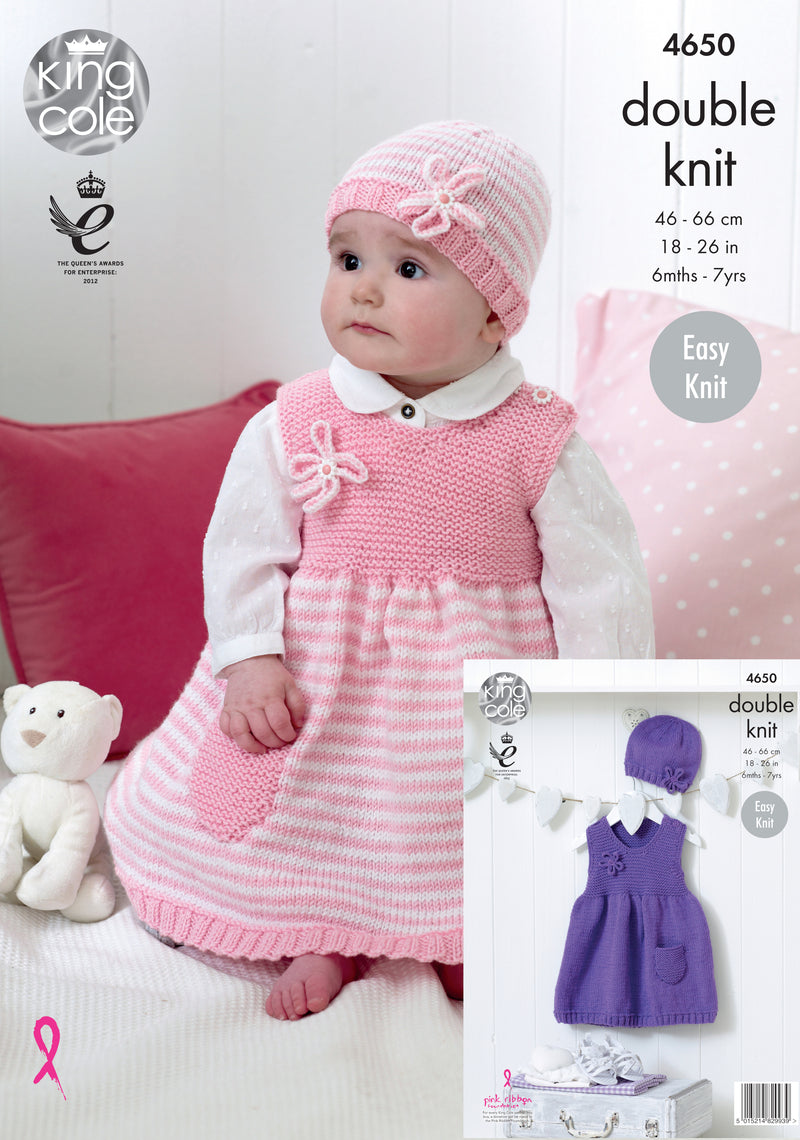 King Cole 4650 DK Knitting Pattern - Easy Knit Dresses & Hat (18-26in)