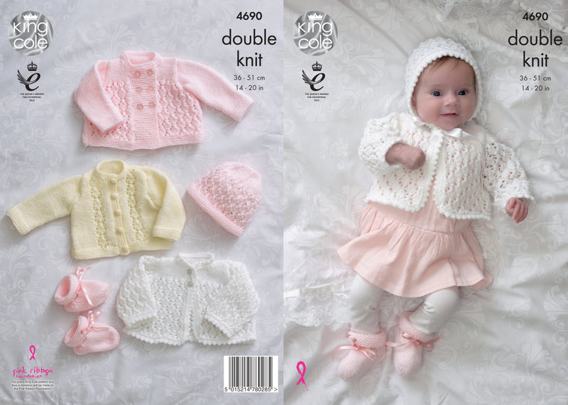 King Cole 4690 DK Knitting Pattern - Baby Matinee Coat, Jacket, Cardigan, Bonnet, Hat & Bootees (14-20in)