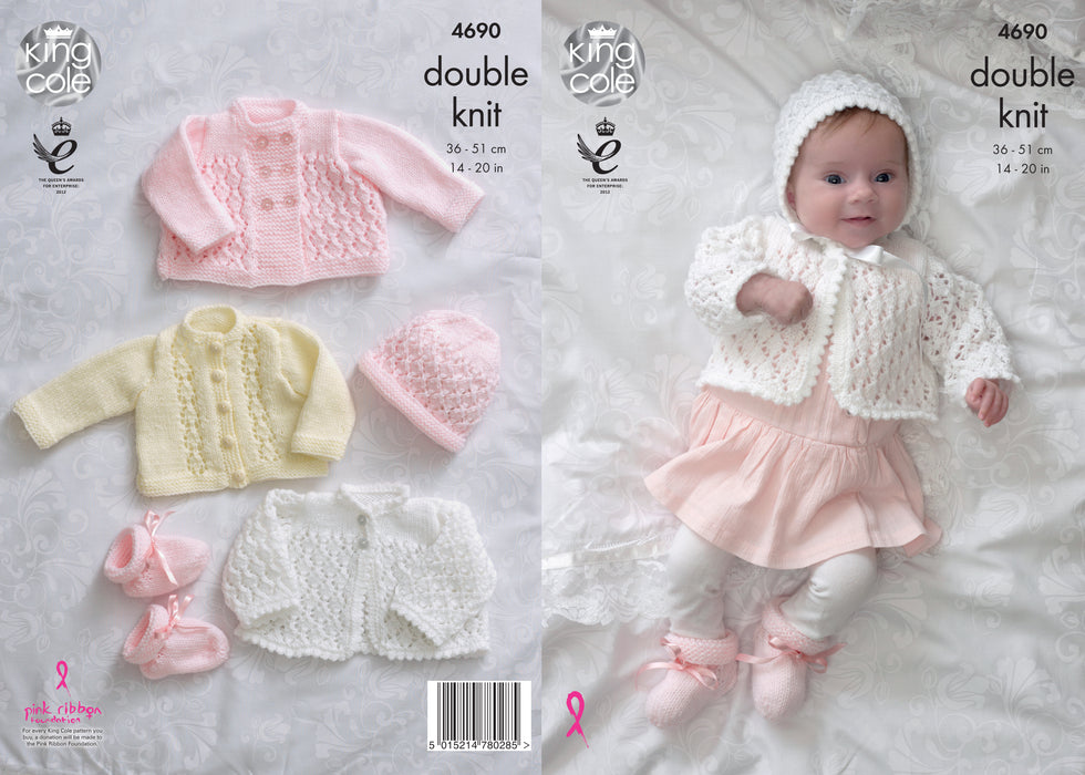 King Cole 4690 Double Knitting Pattern - Baby DK Matinee Coat, Jacket, Cardigan, Bonnet, Hat & Bootees (14-20in)