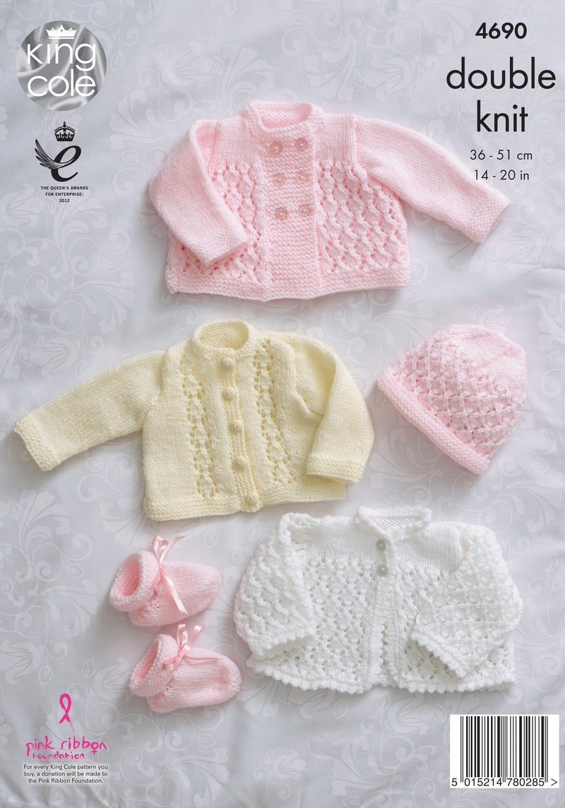 King Cole 4690 DK Knitting Pattern - Baby Matinee Coat, Jacket, Cardigan, Bonnet, Hat & Bootees (14-20in)