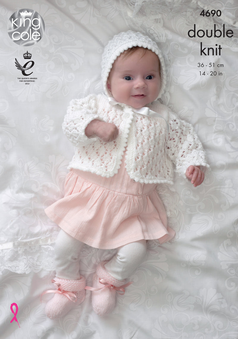 King Cole 4690 DK Knitting Pattern - Baby Matinee Coat, Jacket, Cardigan, Bonnet, Hat & Bootees (14-20in)