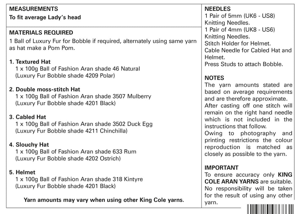 King Cole 5037 Aran Knitting Pattern -  Ladies Hats - 5 Styles