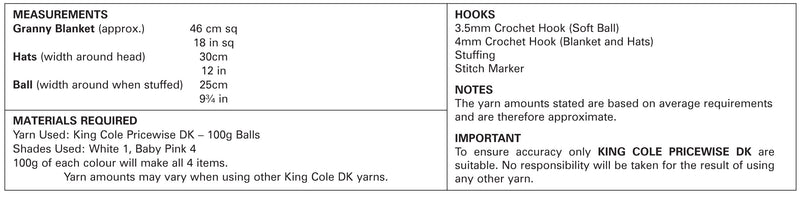 King Cole 5058 CROCHET DK Pattern - Easy Crochet Baby Granny Blanket, Bunny Hat, Ear Flap Pom Pom Hat & Soft Ball Toy
