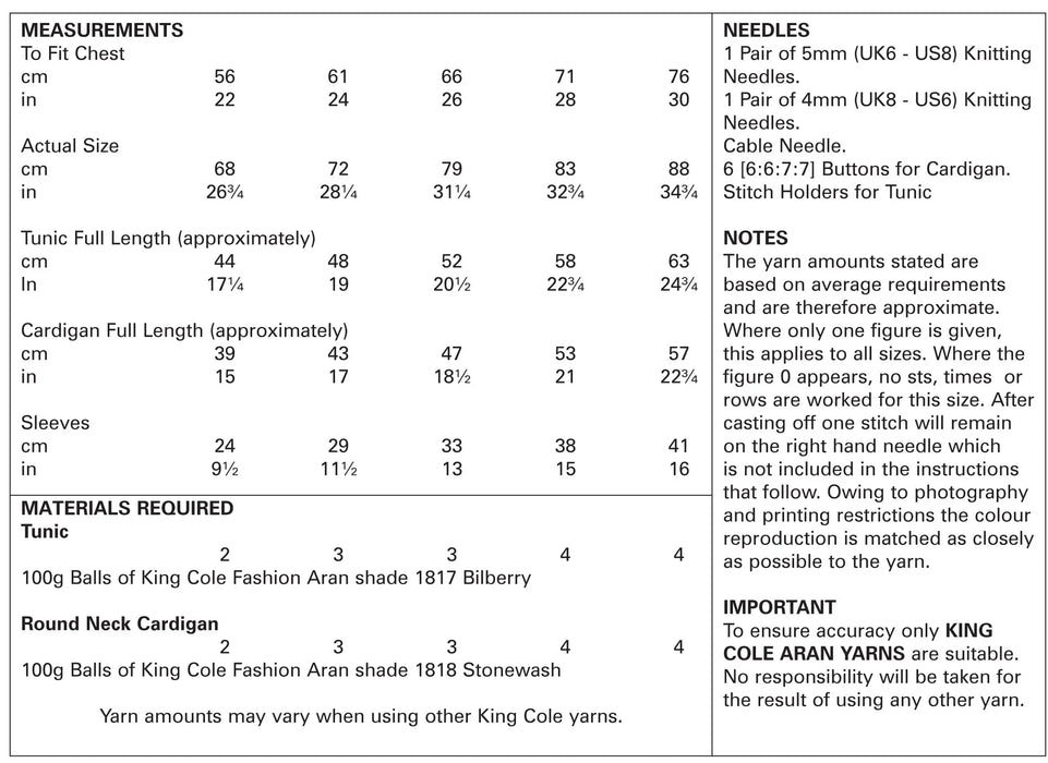 King Cole 5061 Aran Knitting Pattern - Tunic & Cardigan for Children (22-30in)