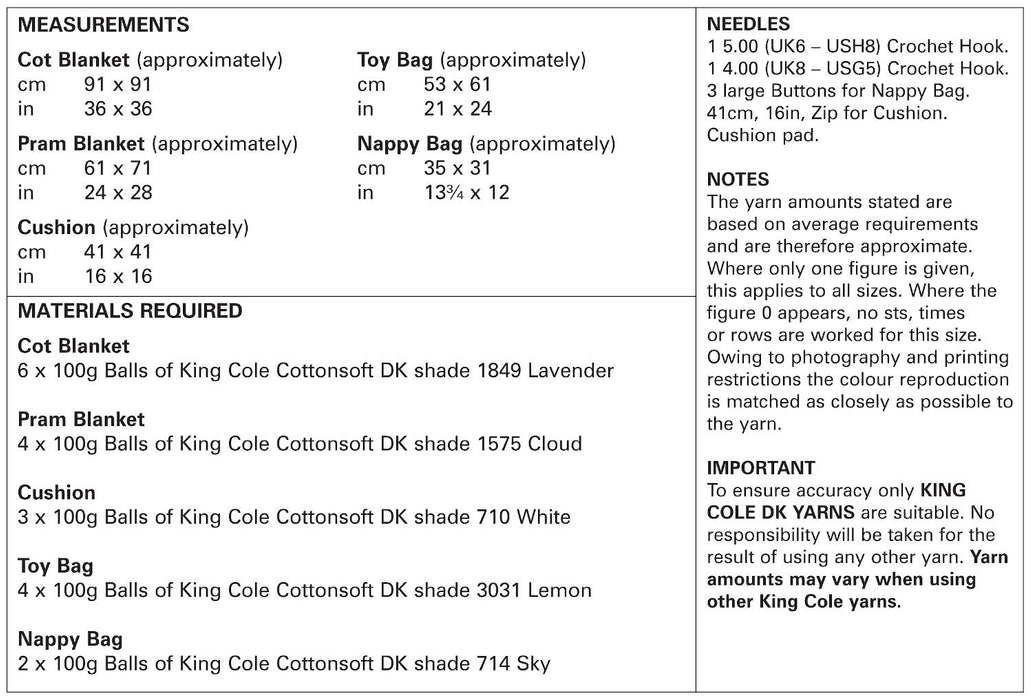 King Cole 5073 CROCHET Pattern - Baby Blankets, Cushion, Toy Bag, Nappy Bag in Cotton DK