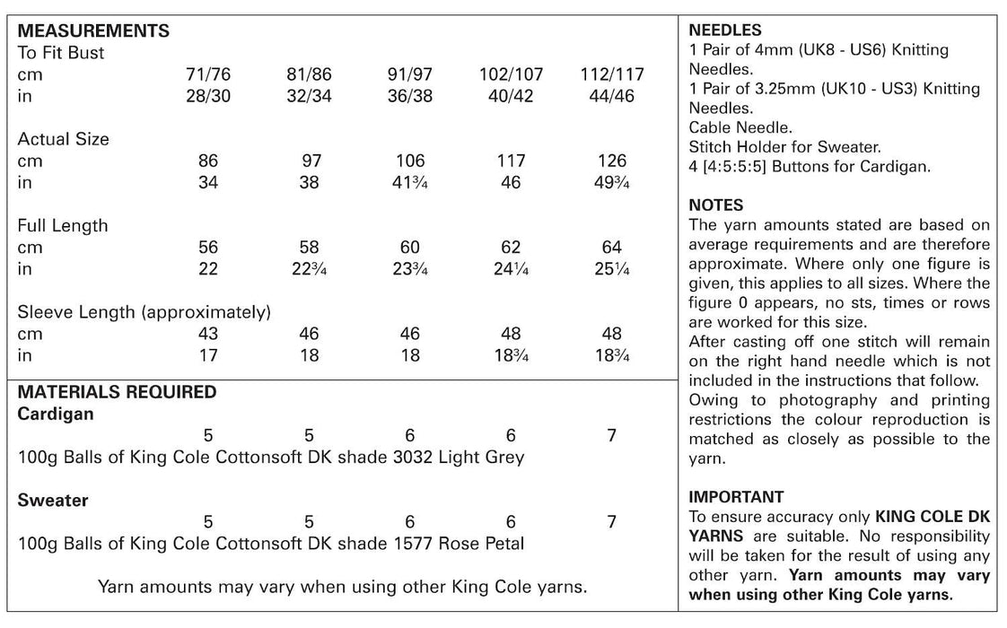 King Cole 5124 Double Knitting Pattern - Cotton DK Cardigan & Sweater for Ladies