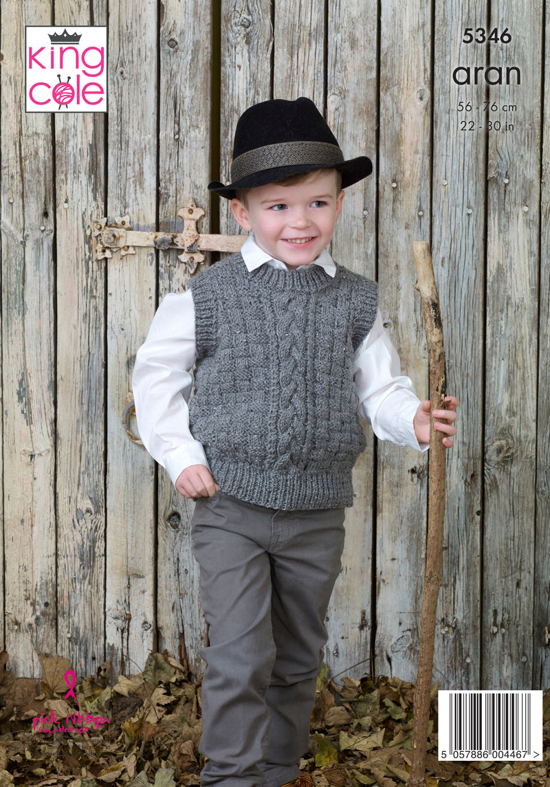 King Cole 5346 Aran Knitting Pattern - Sweater & Slipover for Children (22-30in)