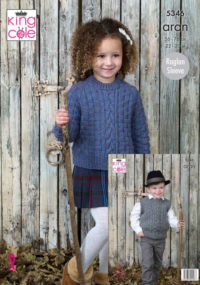King Cole 5346 Aran Knitting Pattern - Sweater & Slipover for Children (22-30in)