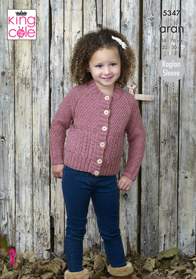 King Cole 5347 Aran Knitting Pattern - Sweater & Cardigan for Children (22-30in)
