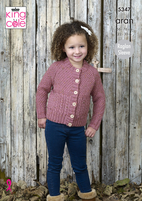 King Cole 5347 Aran Knitting Pattern - Sweater & Cardigan for Children (22-30in)