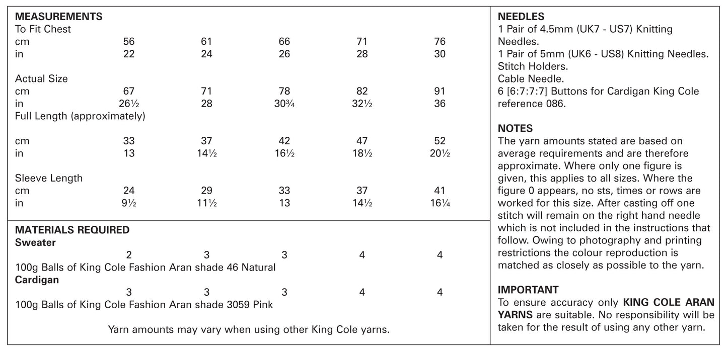 King Cole 5347 Aran Knitting Pattern - Sweater & Cardigan for Children (22-30in)