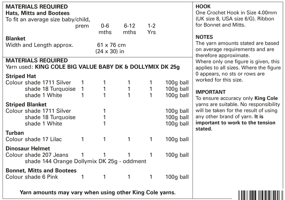 King Cole 5415 CROCHET Pattern - Baby DK Hat, Mitts, Bootees and Blanket (0 to 2 Years)