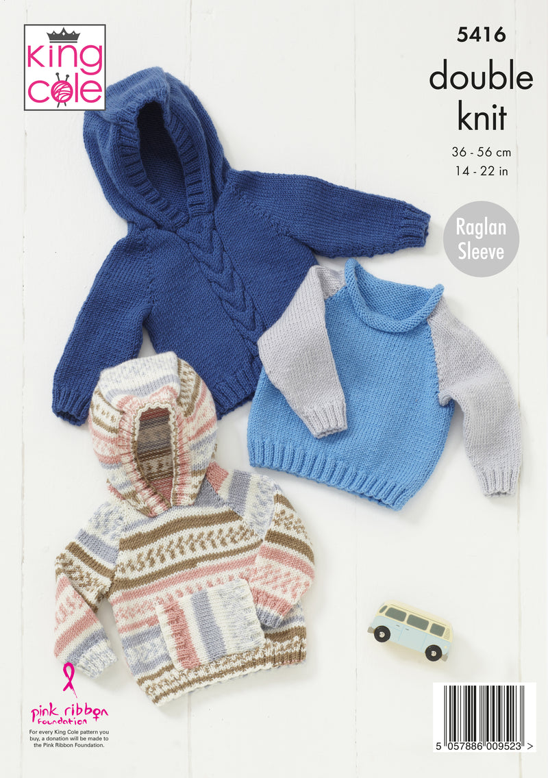 King Cole 5416 Baby DK Knitting Pattern for Raglan Sweaters (14-22in)