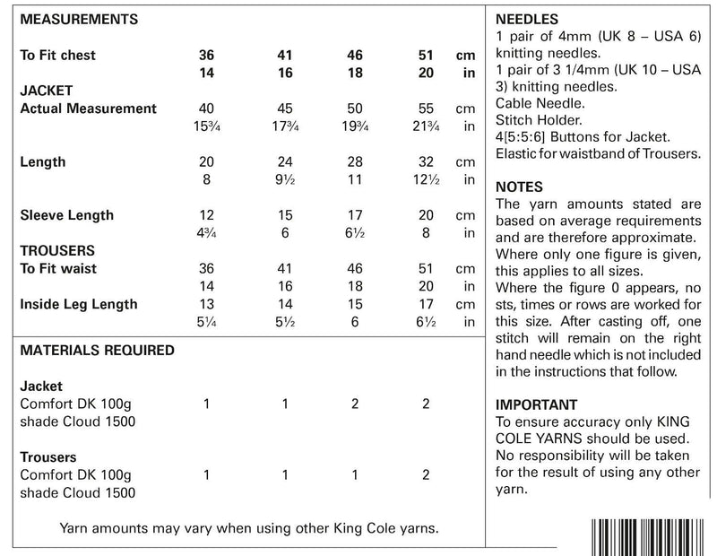King Cole 5418 DK Knitting Pattern - Easy Cable - Baby Jacket & Trousers (14-20 in)