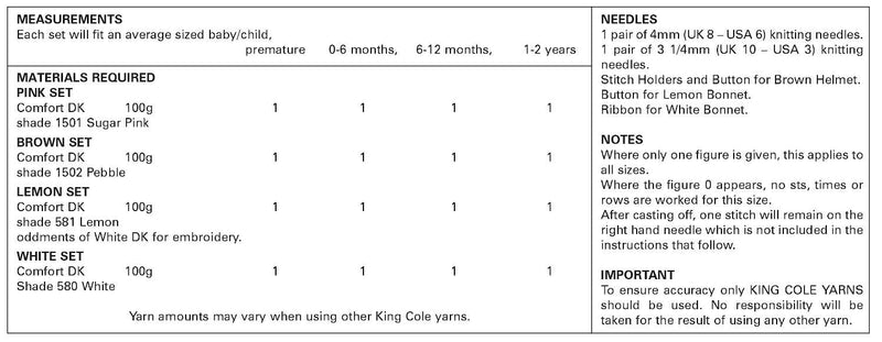 King Cole 5419 Baby DK Knitting Pattern for Hat & Bootee Sets (Prem to 2 years)
