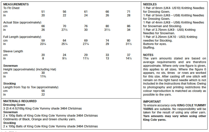 King Cole 5569 Children's Knitting Pattern - Dressing Gown, Snowman & Stocking (6mnths - 8Yrs)