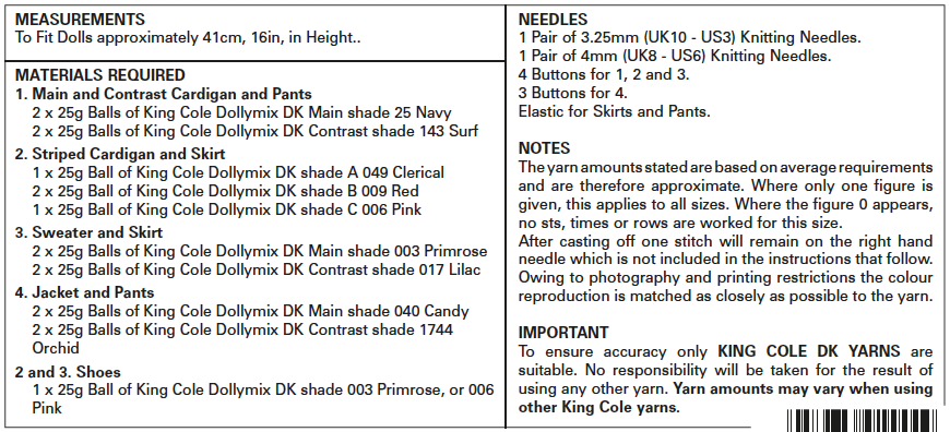 King Cole 5571 Doll Knitting Pattern - Dolls Clothes