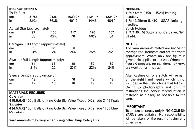 King Cole 5708 DK Knitting Pattern for Ladies Cardigan & Sweater (32-50in)