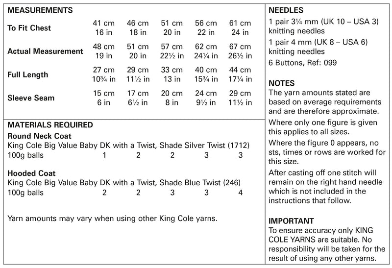 King Cole 5717 Double Knitting Pattern - DK Textured Baby Coats (16-24in)