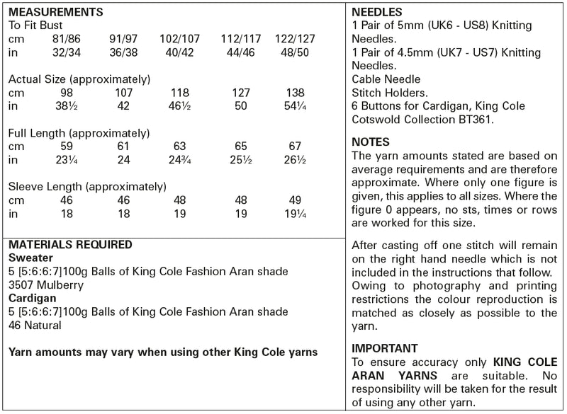 King Cole 5720 Aran Knitting Pattern - Ladies Sweater & Cardigan (32-50in)