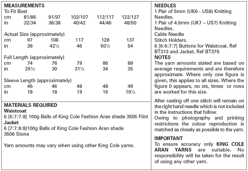 King Cole 5721 Aran Knitting Pattern - Ladies Waistcoat & Jacket (32-50)
