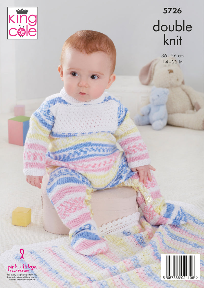 King Cole 5726 DK Baby Knitting Pattern - Cardigan, Trousers, Hat, Onesie & Blanket (0 -24 mnths)
