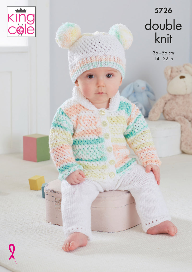 King Cole 5726 DK Baby Knitting Pattern - Cardigan, Trousers, Hat, Onesie & Blanket (0 -24 mnths)