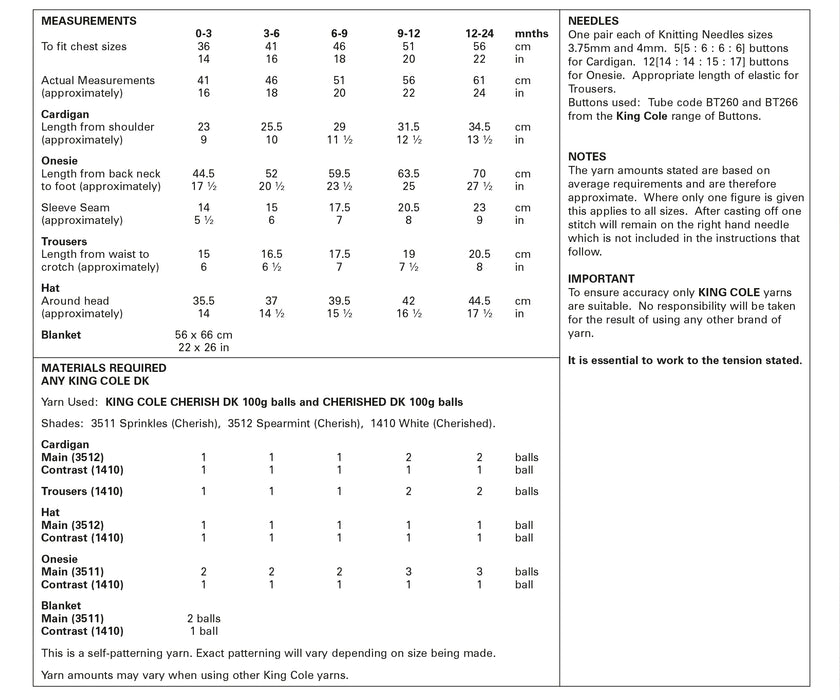 King Cole 5726 Double Knitting Pattern - Cardigan, Trousers, Hat, Onsie and Blanket 0 to 24 months