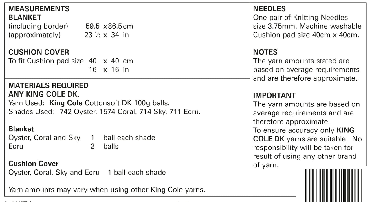 King Cole 5733 Double Knitting Pattern - Alphabet Blanket & Cushion Cover