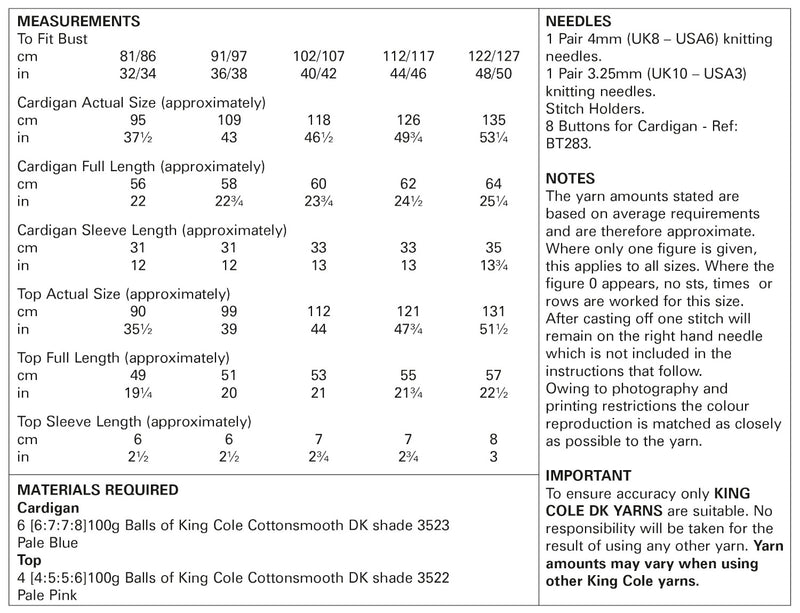 King Cole 5745 Ladies DK Knitting Pattern - Cotton Cardigan & Top (32-50in)