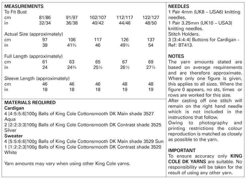 King Cole 5747 Ladies Knitting Pattern - Cotton DK Sweater & Cardigan (32-50)
