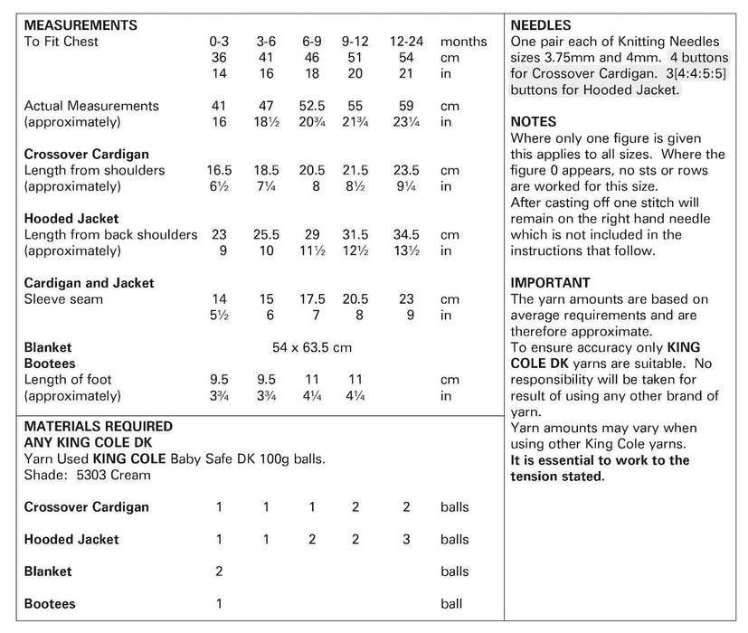 King Cole 5769 Double Knitting Pattern - Baby Crossover Cardigan, Hooded Jacket, Booties & Blanket (0 to 2 yrs)