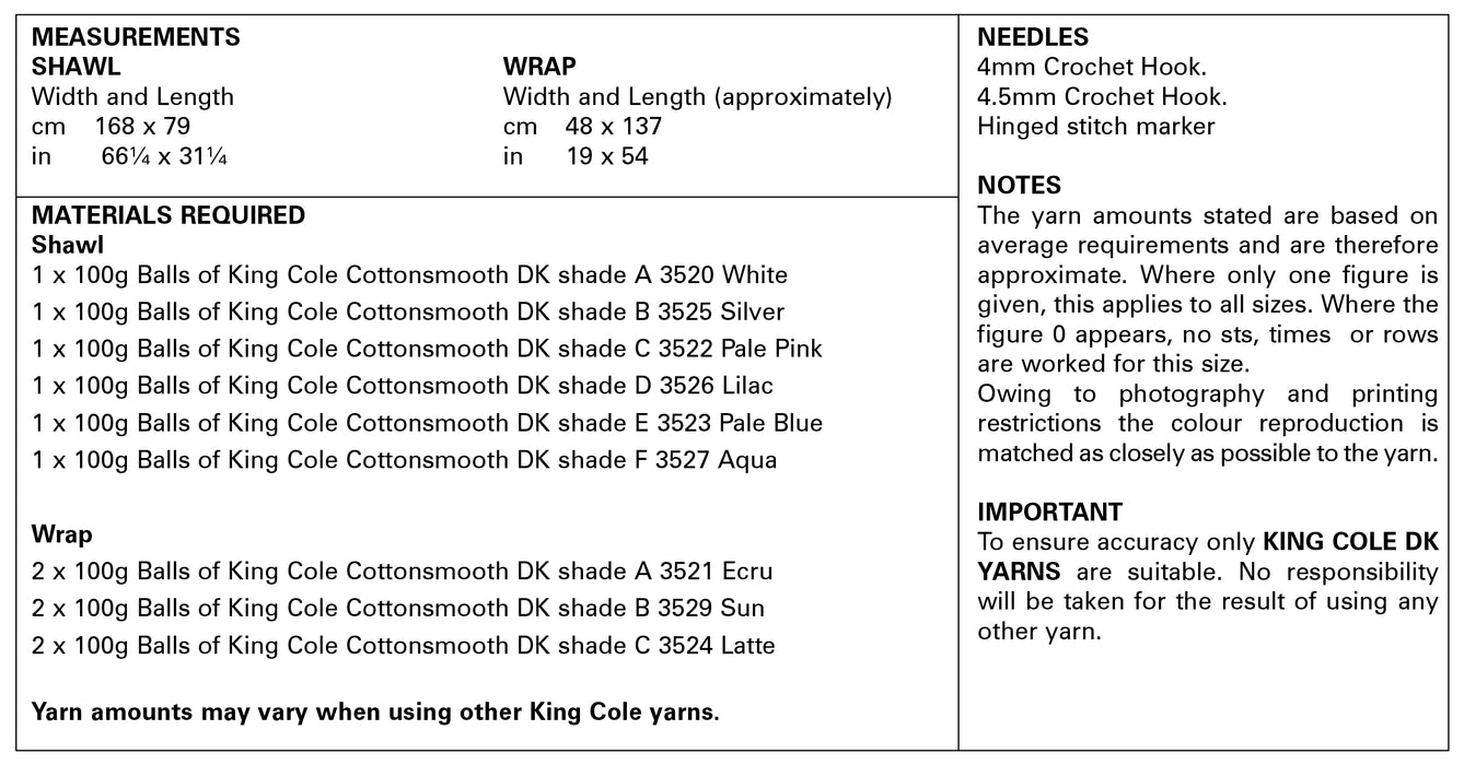 King Cole 5844 CROCHET Pattern - Shawls Crocheted in Cottonsmooth DK