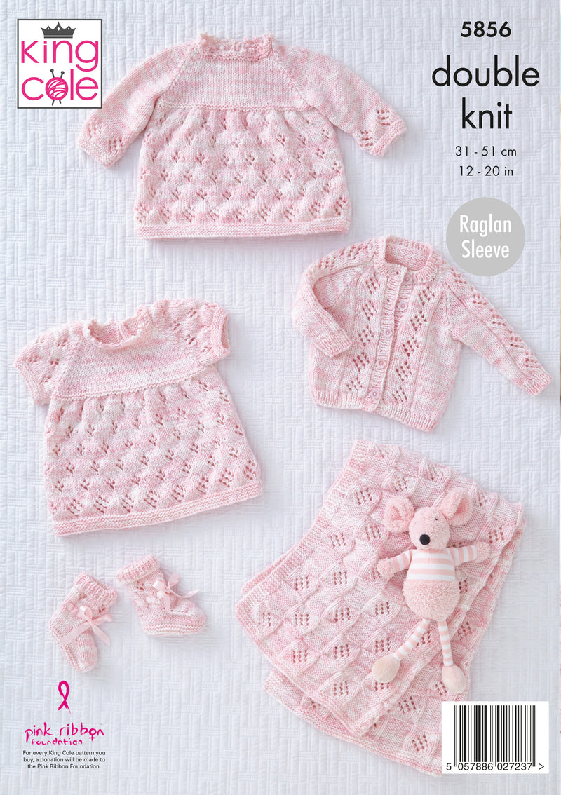 King Cole 5856 DK Baby Knitting Pattern - Dress, Cardigan, Blanket & Bootees (Prem-12mnths)